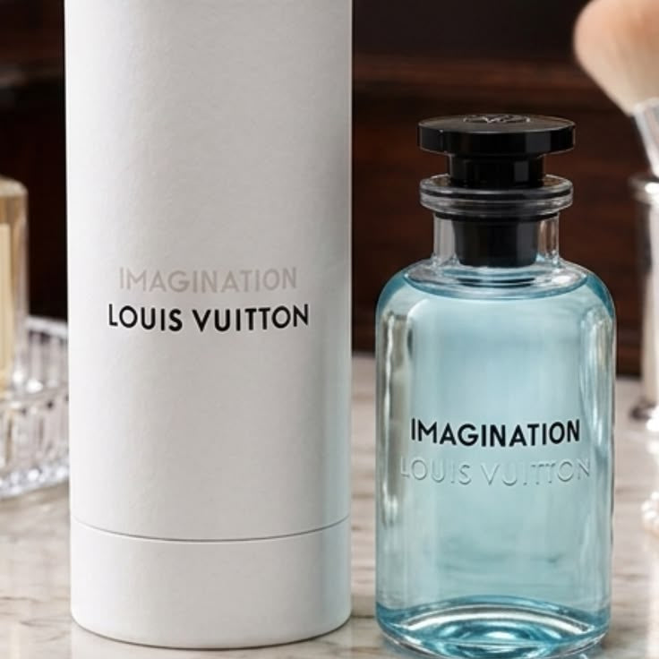 Louis Vuitton Imagination perfume bottle and packaging on a marble surface